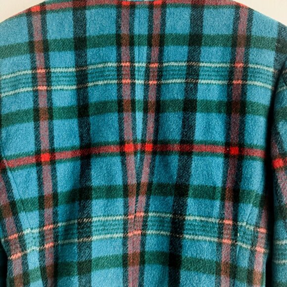 Vintage 90s Sisley Blue Plaid Cropped Leather Button Wool Blend Blazer S - Picture 6 of 8